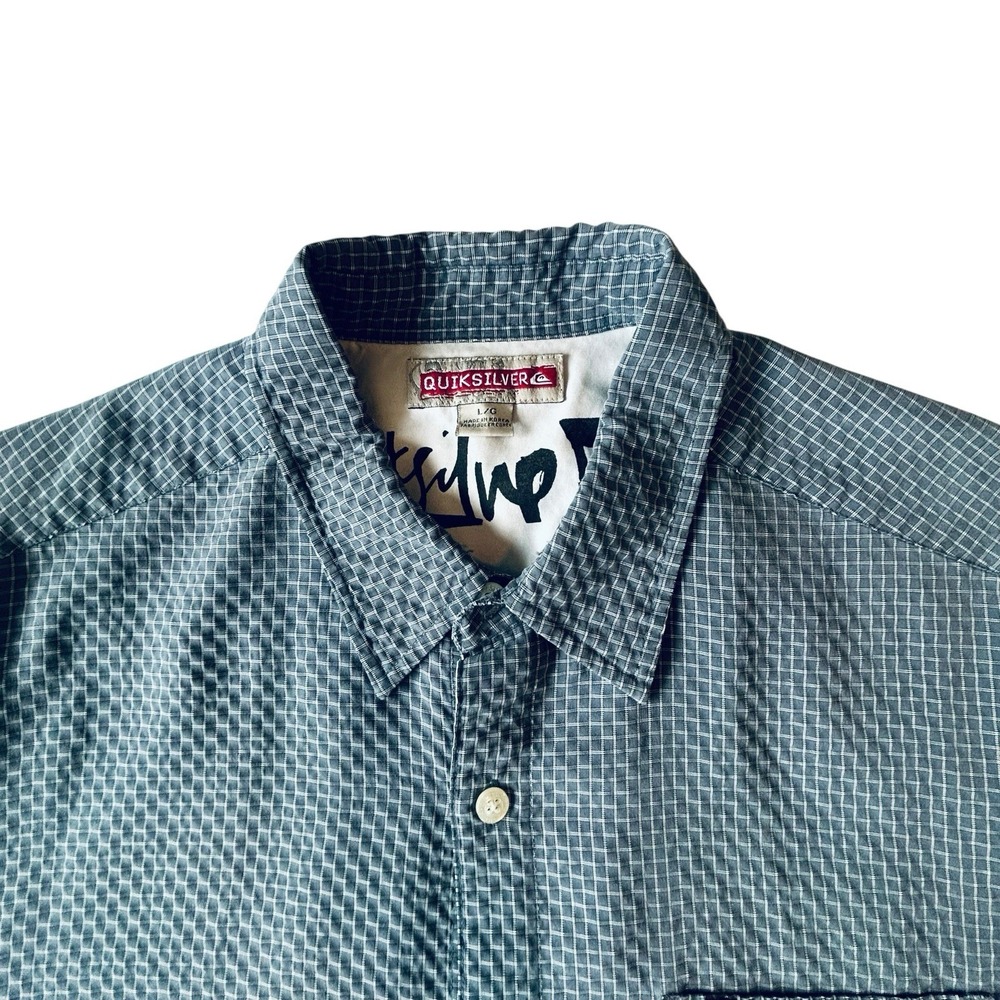 Vintage Quiksilver Mens L Gray Micro Check Button Up Shirt Made In Korea Y2K